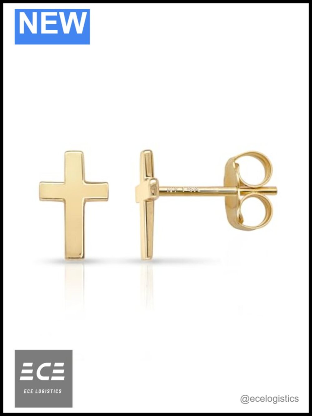 14k Solid Gold Cross Stud Earrings Push Back